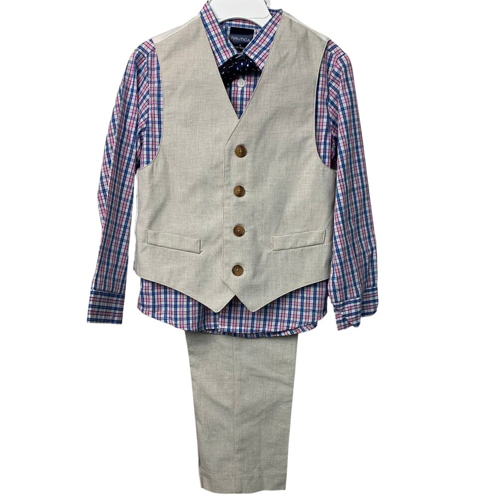 Nautica Toddler Boys Size 4 Pink Blue White Tan Bow Tie Vest Suit